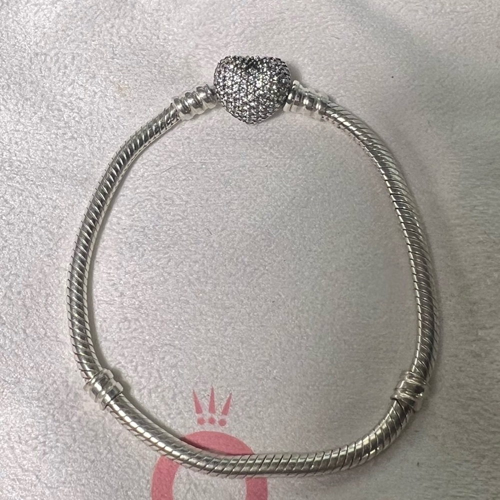 PANDORA Sparkling Heart Clasp Snake Chain Bracelet SIZE 17cm 6.7in AUTHENTIC!